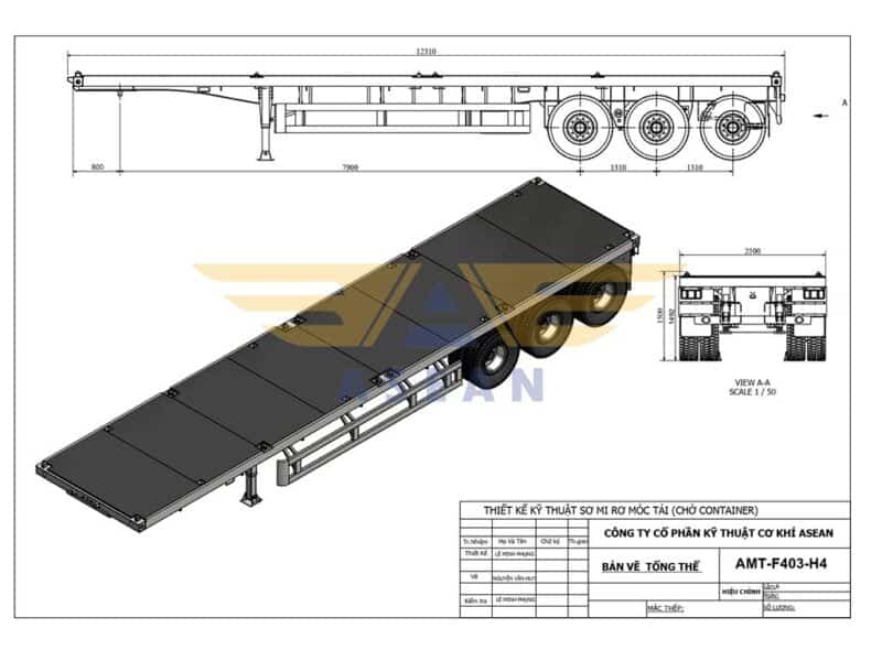 Bản vẽ sơ mi rơ mooc sàn 40 feet 3 trục, nâng hạ trục 4 - AMT-F403-H4