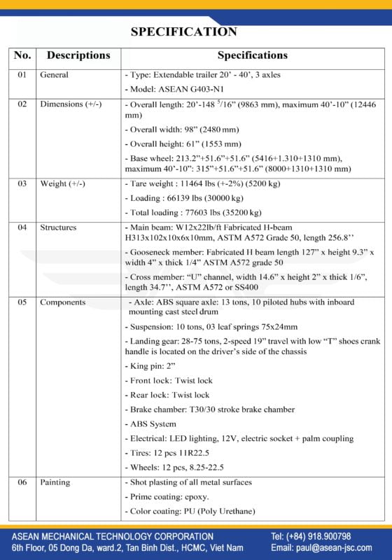 Extendable trailer 20’ - 40’, 3 axles - ASEAN-G403–N1