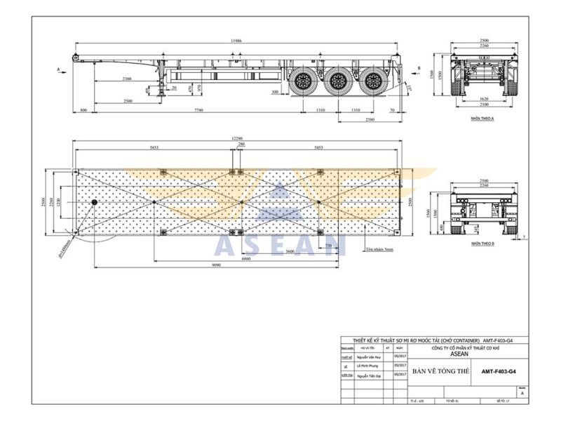 Bản vẽ sơ mi rơ moóc sàn 40 feet 3 trục lốp đơn - AMT-F403-G4